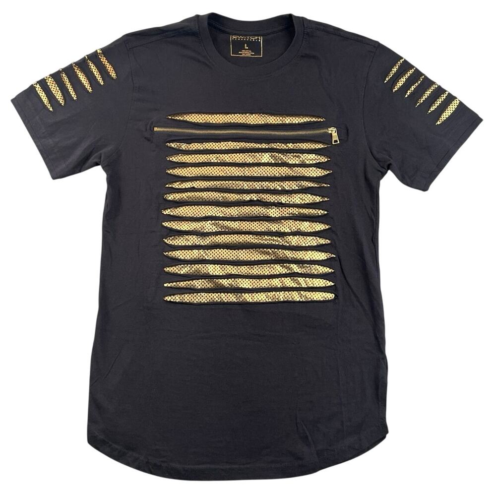 Switch Originals by Switch Remarkable Black Gold Distressed Zip Mesh T-Shirt L